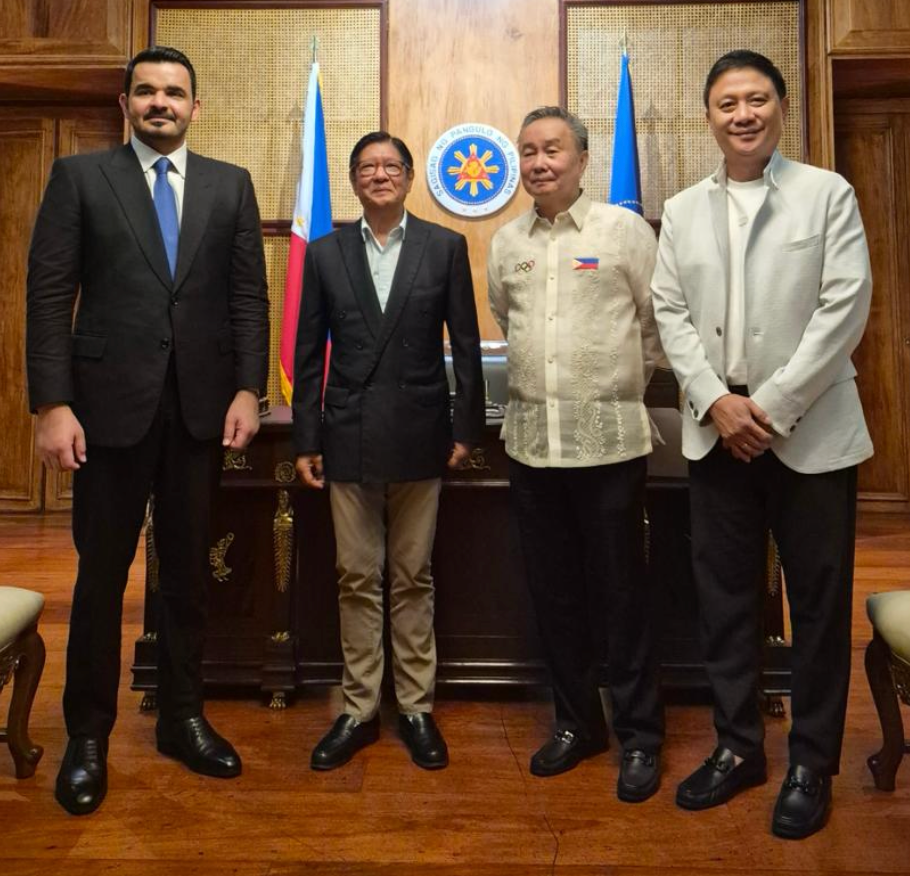 President Ferdinand R. Marcos Jr. receives Olympic Council of Asia president Sheikh Joaan bin Hamad Al-Thani (left) with POC president Abraham “Bambol” Tolentino and PSC chairman Patrick Gregorio. [PCO photo]