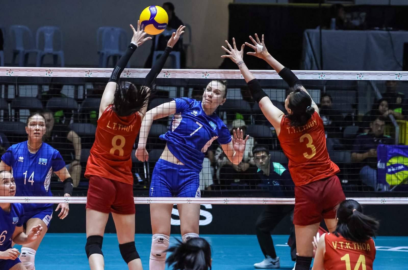 Players battle at the net during AVC Women’s Volleyball Cup action. [AVCWCC photo]