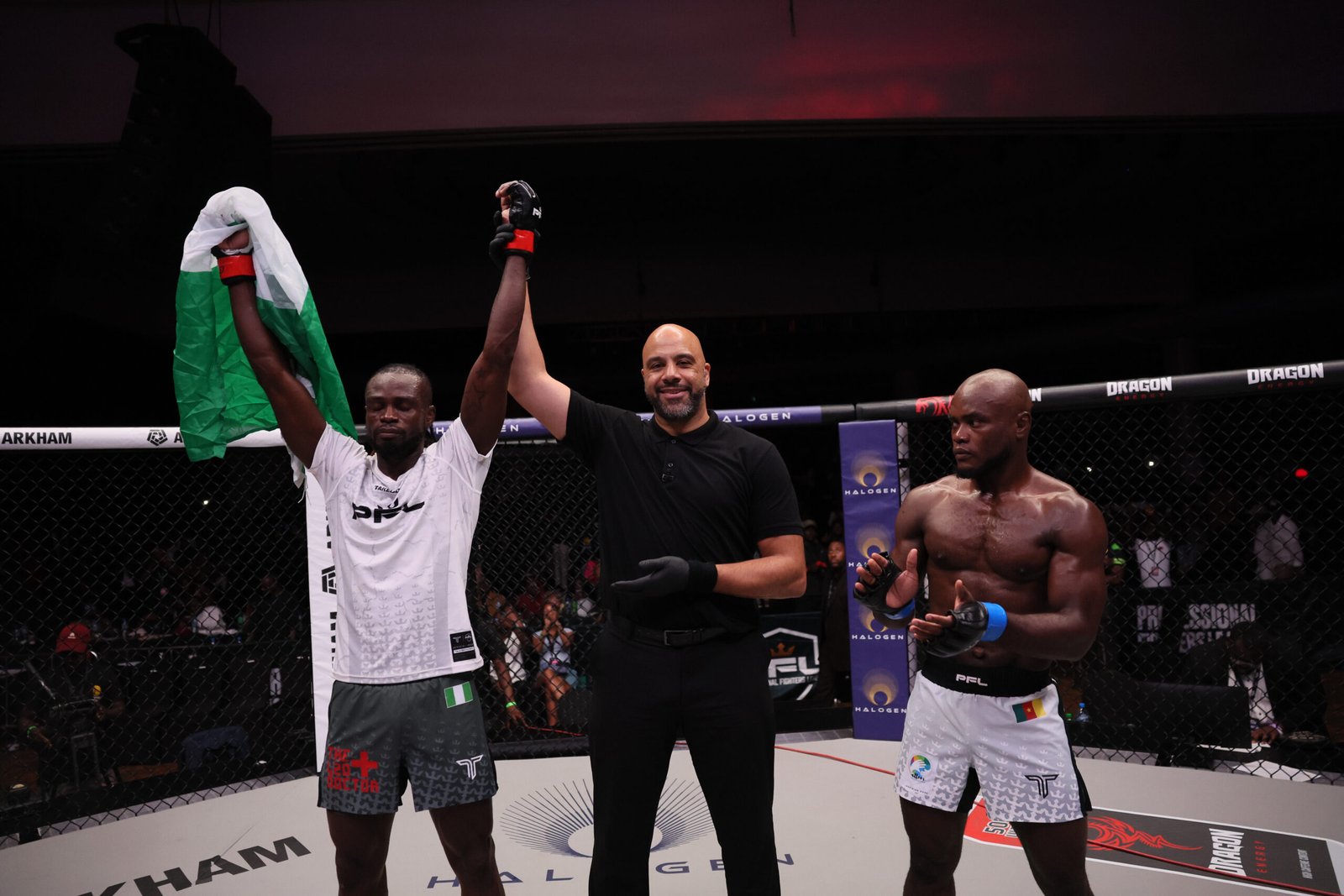 Patrick Ocheme celebrates after his first-round knockout victory in Lagos. [PFL photo]