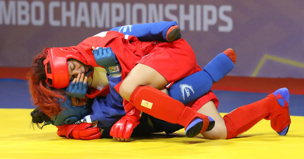 Jomary Torres has Kyrgyzstan’s Dilbara Raimzhanova pinned down in their women’s combat sambo 50kg semifinal clash in the 11th Asia-Oceania Sambo Championships at the Ninoy Aquino Stadium 