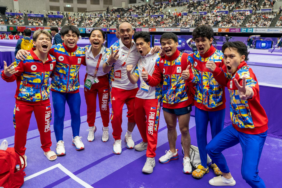 Team Philippines gymnasts Carlos Yulo, Eldrew Yulo, Miguel Besana, Justine Ace De Leon and Zachary Nunez competed in the men's artistic gymnastics team final. [POC Media pool]
