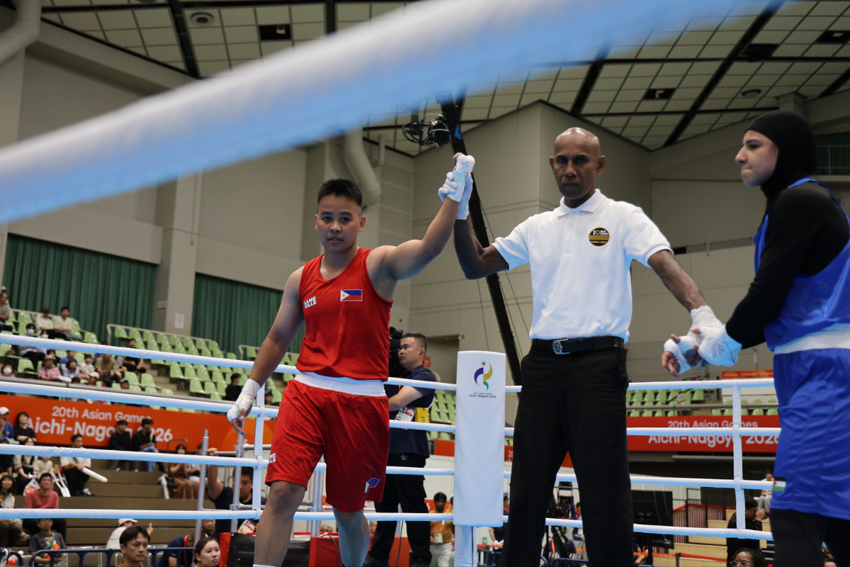 Nesthy Petecio advanced to the women's 60kg quarterfinals at the 2026 Aichi-Nagoya Asian Games with an RSC victory over Jordan's Mays Alreem Abukhadijah. [POC Media pool]