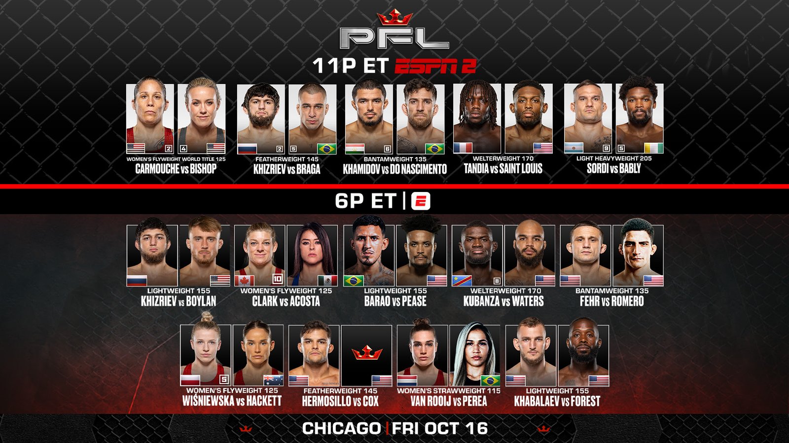 Liz Carmouche Faces Jena Bishop in PFL Chicago Liz Carmouche headlines PFL Chicago against Jena Bishop for the inaugural PFL Women’s Flyweight World Championship.