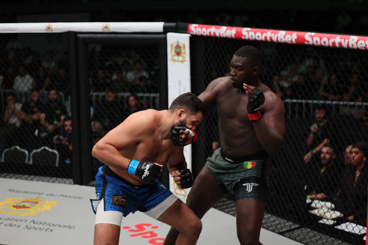 Abdoulaye Kane stopped Badr Medkouri with punches from full mount at 4:06 of the first round in the heavyweight main event. [PFL photo]