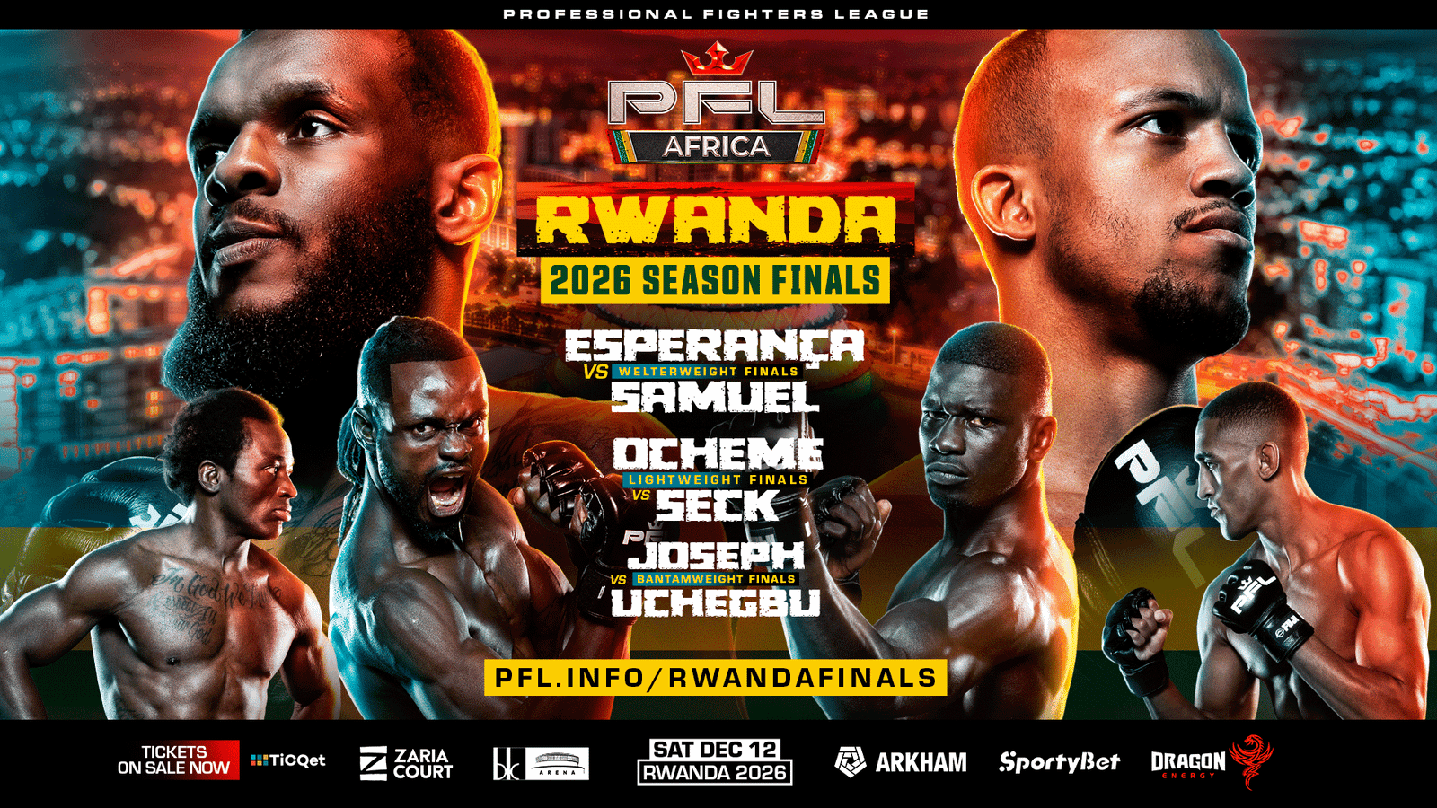 PFL Africa will crown welterweight, lightweight and bantamweight champions at BK Arena in Kigali, Rwanda, on Dec. 12.