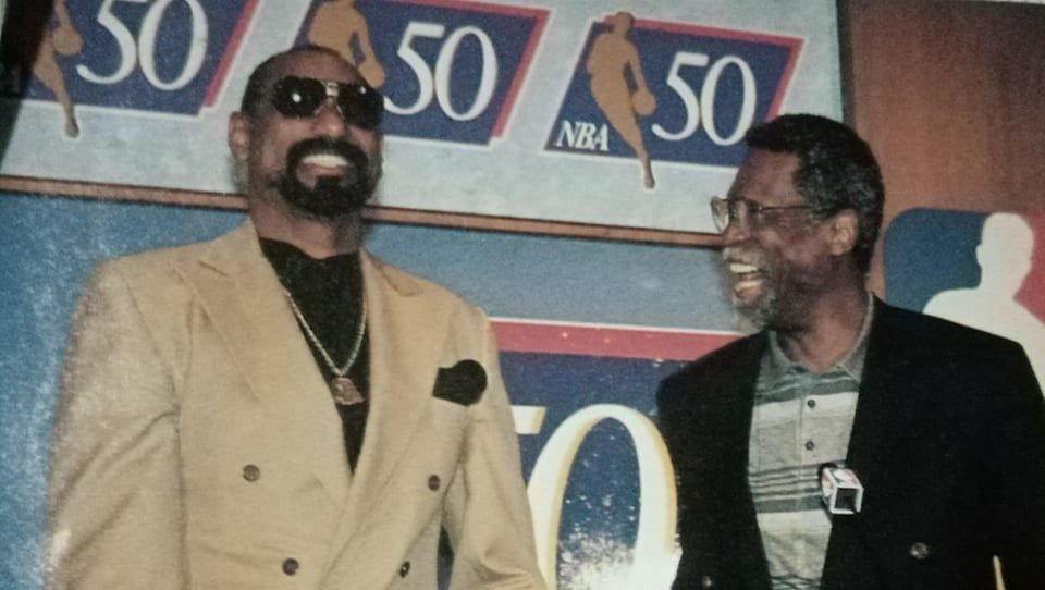 But off the hardwood, the two were close friends, often inviting each other for Thanksgiving dinners. Here, the two get together during the NBA's 50th anniversary celebrations in October 1996.