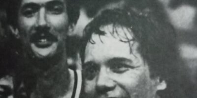 Jawo and Mon are all smiles after their last-second team-up in the first PBA All-Star Game on June 4, 1989 that resulted in a 132-130 victory by the Virgilio (Baby) Dalupan-coached Veterans team over the Dante Silverio-mentored Rookie-Sophomore squad at the PhilSports Arena. A completed Jaworski assist to Fernandez in the dying seconds broke a 130-all deadlock and produced the game winner. For the first time in six years, the two were teammates once more after having been estranged since the disbandment of the Toyota franchise after the 1983 PBA season.