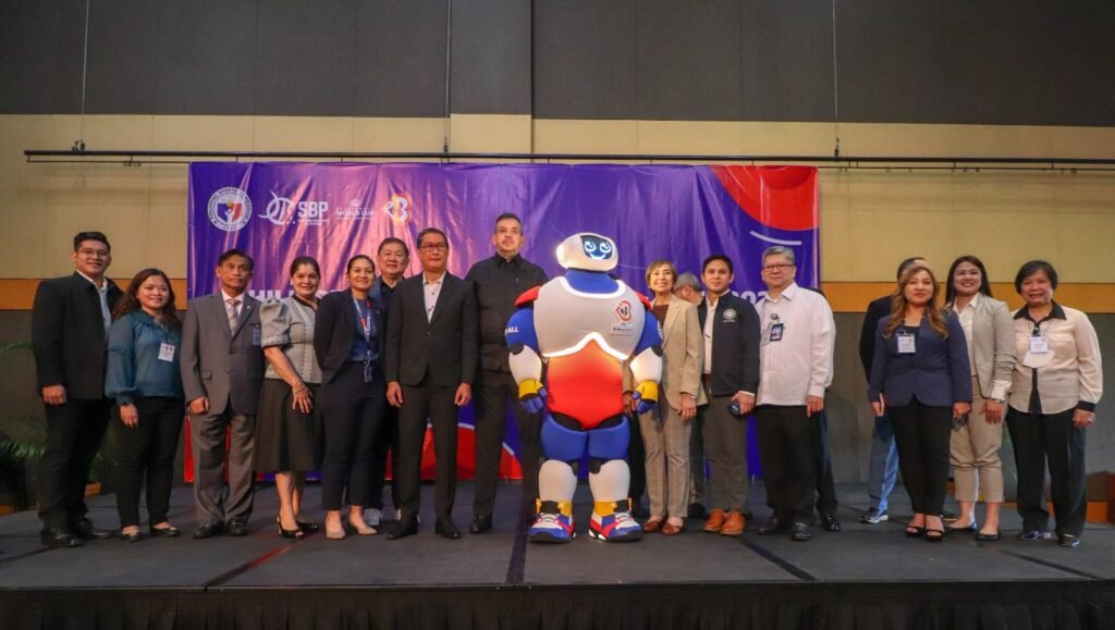 Executives from the Philippine Sports Commission and the Samahang Basketbol ng Pilipinas pose with FBWC 2023 mascot “Jip” during the Inter-agency Coordination meeting held at the Philippine International Convention Center in Pasay City on March 14, 2023. [PR photo]
