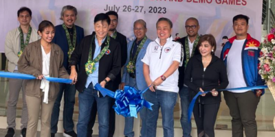 PHILIPPINE Olympic Committee President Rep. Abraham “Bambol” Tolentino (front, third from left) and Philippine Sports Commission Commissioner Edward Hayco (front, second from left) lead the ribbon-cutting ceremony with (front, from left) Cavite Vice Governor Athena Tolentino and Tagaytay City Vice Mayor Agnes Tolentino, DMD, as well as combat sports officials (rear, from left) Alvin Aguilar (president, wrestling), Jose Malonzo (secretary-general, Vovinam), Alexander Sulit (president, judo), Tongson Rene (secretary-general, arnis), Ferdie Agustin (president, jiu-jitsu) and Atty. Wharton Chan (secretary-general, kickboxing).