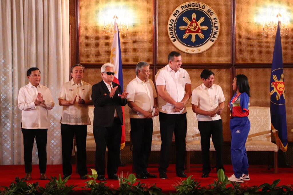 (L - R) Senator Francis Tolentino, Philippine Olympic Committee (POC) President Abraham "Bambol" Tolentino, Philippine Paralympic Committee (PPC) President Michael Barredo, Philippine Amusement and Gaming Corporation (PAGCOR) Chairman & CEO Alejandro Tengco, Philippine Sports Commission (PSC) Chairman Richard Bachman, President Ferdinand “Bongbong” Marcos, and 4-time APG gold medalist in para swimming Angel Otom in the Incentives Awarding at Malacanang Palace, Wednesday, August 9, 2023. (PSC photo)