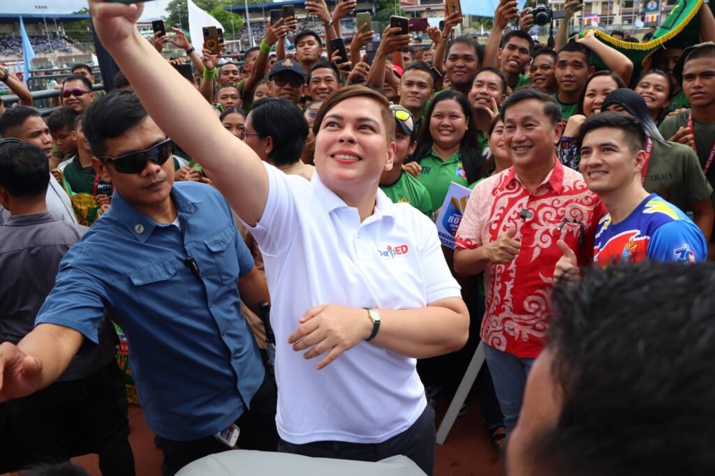 Vice President Sara Duterte, Philippine ROTC Games Honorary Chairman Sen. Francis Tolentino and Zamboanga City Mayor John Dalipe in the opening ceremonies of the Philippine ROTC Games – Mindanao Regional Leg at the Joaquin F. Enriquez Memorial Sports Complex. [PCO photo]