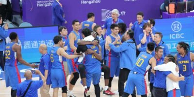Gilas Pilipinas players celebrate after bagging the gold medal in men's 5x5 basketball at the 2023 Asian Games, bringing down Jordan, 70-60, on Friday night, October 6, in Hangzhou, China. [photo credi: PSC-POC Media Pool]