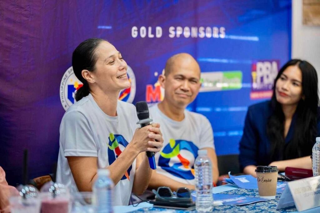 Three-time Olympian and Philippine Olympians Association President Akiko Thomson-Guevara stresses a point as Online Sports Leadership Program co-founder Noli Ayo and Tuguegarao City Councilor and former national beach volleyball player Charo Soriano listens during the 3rd Online Sports Leadership Program National Sports Summit press conference recently. CONTRIBUTED PHOTO