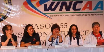 Officials and school representatives launch the 55th season of the Women’s National Collegiate Athletic Association at the Dizon Hall of host Assumption Antipolo on Wednesday (Sept. 11, 2024). Leading the launch and press conference are (from left) Assumption Antipolo Student Affairs and Services director Maria Luz San Andres and directress Marie Grace Magtaas; and WNCAA chairperson Ma. Vivian Manila, president Juanita Alamillo and secretary general Ma. Angelica dela Cruz. (WNCAA photo)