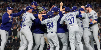 Los Angeles Dodgers players and coaches celebrate after winning the 2024 MLB World Series against the New York Yankees at Yankee Stadium, October 30, 2024. (Vincent Carchietta-Imagn Images)