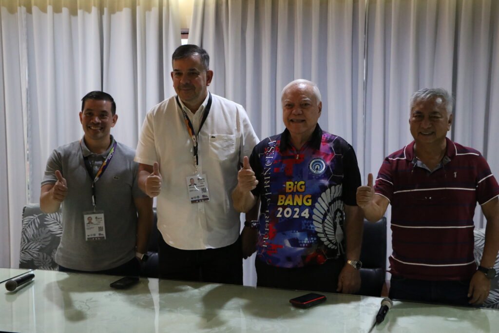 (From left to right) Philippine Sports Commission Executive Director Paulo Francisco Tatad, PSC Chairman Richard Bachmann, Puerto Princesa City Mayor Lucilo Bayron, and City Sports Director Atty. Rocky Austria in a group photo during the press conference at the City Mayor's Office prior to the opening of Batang Pinoy 2024 National Championships. [PSC photo]