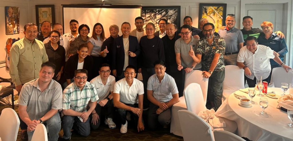 PHILIPPINE Olympic Committee president Abraham “Bambol” Tolentino with Ricky Vargas, Rep. Richard Gomez, Dr. Jose Raul Canlas, Lenlen Escollante, Paolo Tancontian, Joebert Yu, Ting Ledesma, Epok Quimpo, Geourgina Avercilla, Karen Tanchiangco, Nikki Cheng, Ramon “Tats” Suzara, Ricky Lim, Mico Vargas, Mariano Araneta, Atty. Wharton Chan, Jarryd Bello and Bones Floro.