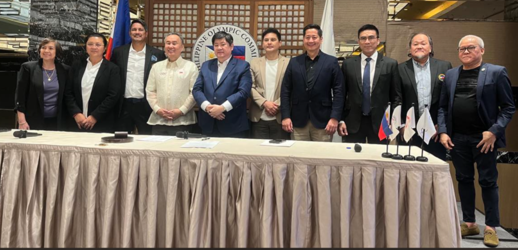Left to right: Bong Coo, Len Escollante, Richard Gomez, Bambol Tolentino, Atty. Kalaw, Alvin Aguilar, Donaldo Caringal, Alexander Sulit, Dr. Canlas and Fr. Encarnacion. Declared through video call: Al Panlilio, Ferdinand “Ferdie” Agustin (judo) and Leah Gonzalez (fencing) [POC photo]