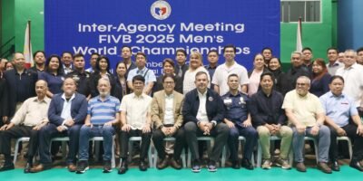 ASIAN Volleyball Confederation and Philippine National Volleyball Federation Ramon “Tats” Suzara, Philippine Sports Commission chairman Richard “Dickie” Bachmann, members of the Local Organizing Committee and representatives from key government agencies and organizations get the ball rolling for the FIVB 2025 Men’s Volleyball World Championship. [PSC photo]