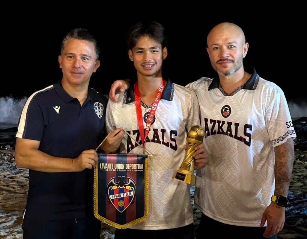 Coach Daniel Pastor, Head of International Training Area for Levante UD, with Joshua Gabriel Moleje, a talented young Azkals Development Academy U15 footballer from Bacolod City, and ADA founder, former Azkals team captain Stephan Schröck. CONTRIBUTED PHOTO