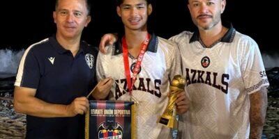 Coach Daniel Pastor, Head of International Training Area for Levante UD, with Joshua Gabriel Moleje, a talented young Azkals Development Academy U15 footballer from Bacolod City, and ADA founder, former Azkals team captain Stephan Schröck. CONTRIBUTED PHOTO