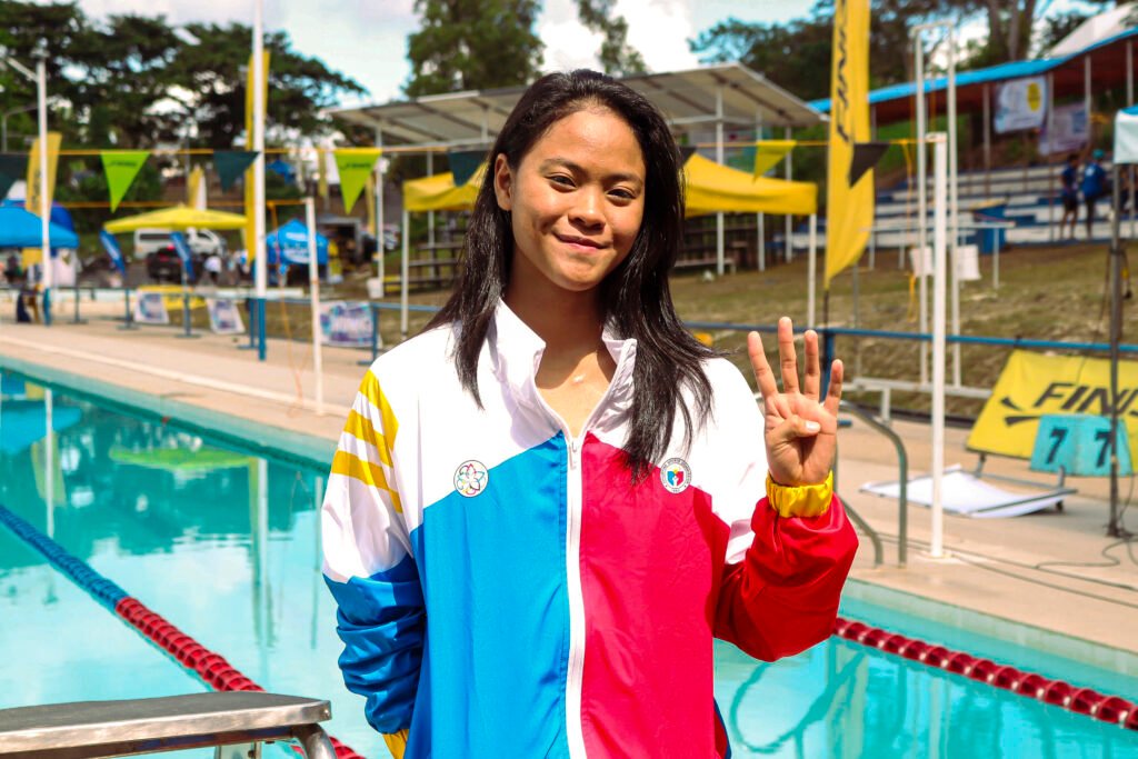 Quendy Fernandez, a 19-year-old from Philippines E, clinched her fourth gold in the swimming event of the BIMP-EAGA Friendship Games 2024 in Ramon V. Mitra Sports Complex at Puerto Princesa City, Palawan. [PSC photo]