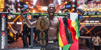 Nicholas Hwende celebrates his historic victory at BRAVE CF 91, becoming the first Zimbabwean to capture the Bantamweight title.