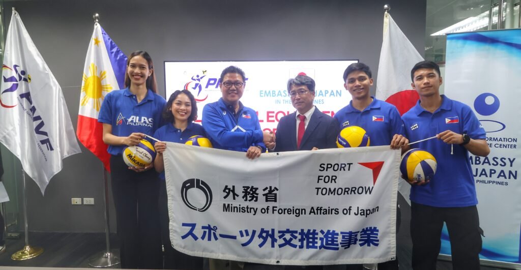 FIVB Executive Vice President and AVC and AVC president Ramon “Tats” Suzara and Japan Minister and Consul General Takahiro Hanada with Alas Pilipinas members Thea Gagate, Dawn Catindig, Vince Lorenzo and EJ Casaña.