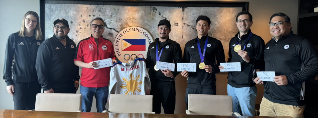 PHILIPPINE Olympic Committee president Abraham “Bambol” Tolentino (third from left) with (from left) coaches Jessica Pfister and Miguel Gutierrez,, Marc Pfister, Enrico Pfister, Christian Haller and Curling Pilipinas playing president Benjo Delarmente.