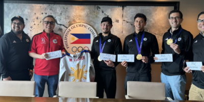 PHILIPPINE Olympic Committee president Abraham “Bambol” Tolentino (third from left) with (from left) coaches Jessica Pfister and Miguel Gutierrez,, Marc Pfister, Enrico Pfister, Christian Haller and Curling Pilipinas playing president Benjo Delarmente.