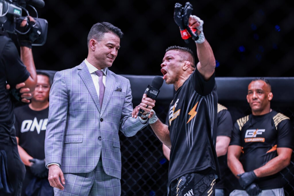 Bibiano Fernandes celebrates another championship victory in the ONE cage.