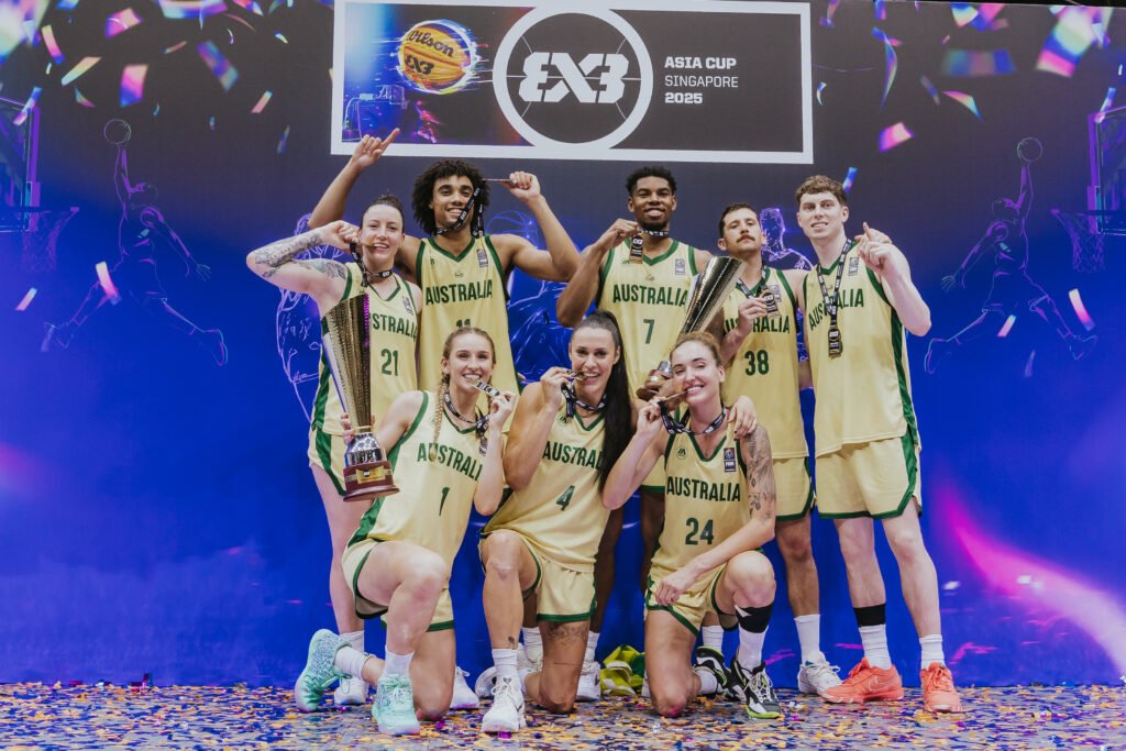 Australia celebrates after securing another FIBA 3x3 Asia Cup double victory in Singapore. [photo credit: Singapore Sports Hub]