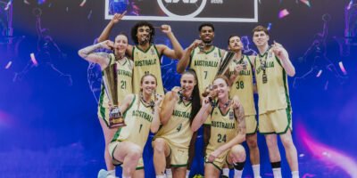 Australia celebrates after securing another FIBA 3x3 Asia Cup double victory in Singapore. [photo credit: Singapore Sports Hub]