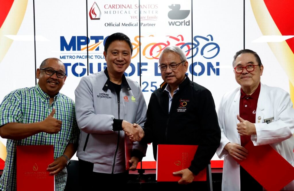 DUCKWORLD chairman John Patrick Gregorio (second from left) seal the partnership with Cardinal Santos Medical Center (CSMC) president and CEO Raul C. Pagdanganan. With them are (from left) MPTC Tour of Luzon 2025 project director Dean Francis Diaz and CSMC Chief Medical Officer Dr. Antonio S. Say.