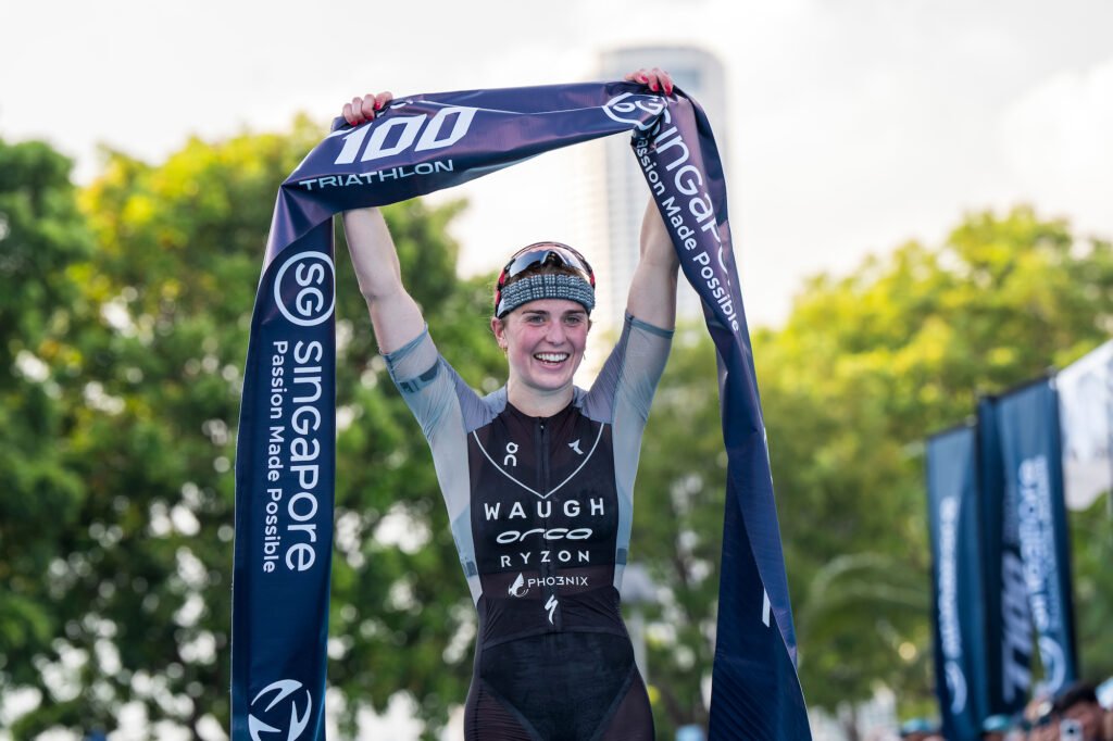 Kate Waugh celebrates her record-breaking win at the 2025 Singapore T100.