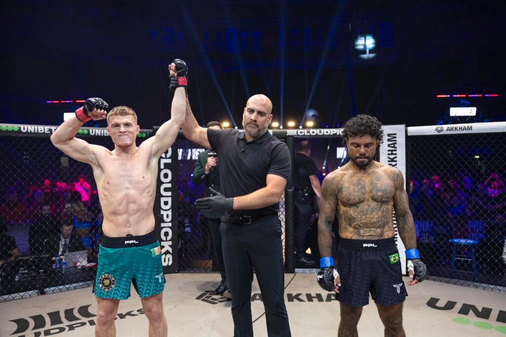 Paul Hughes celebrates after a 42-second KO win over Bruno Miranda at PFL Europe Belfast. [PFL Images]