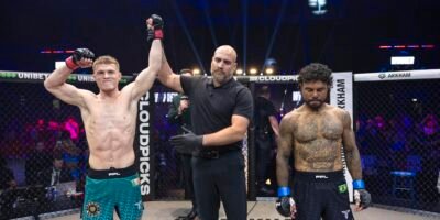 Paul Hughes celebrates after a 42-second KO win over Bruno Miranda at PFL Europe Belfast. [PFL Images]