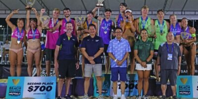 PHILIPPINE National Volleyball Federation (PNVF) president Ramon “Tats” Suzara (center, front row) and (from left, standing) FIVB Beach Volleyball Technical Delegate Baz Wedmeir, PNVF secretary-general Don Caringal, sports programs and events management consultant Dzi Gervacio and PNVF board member Tonyboy Liao with the winners of the tournament.