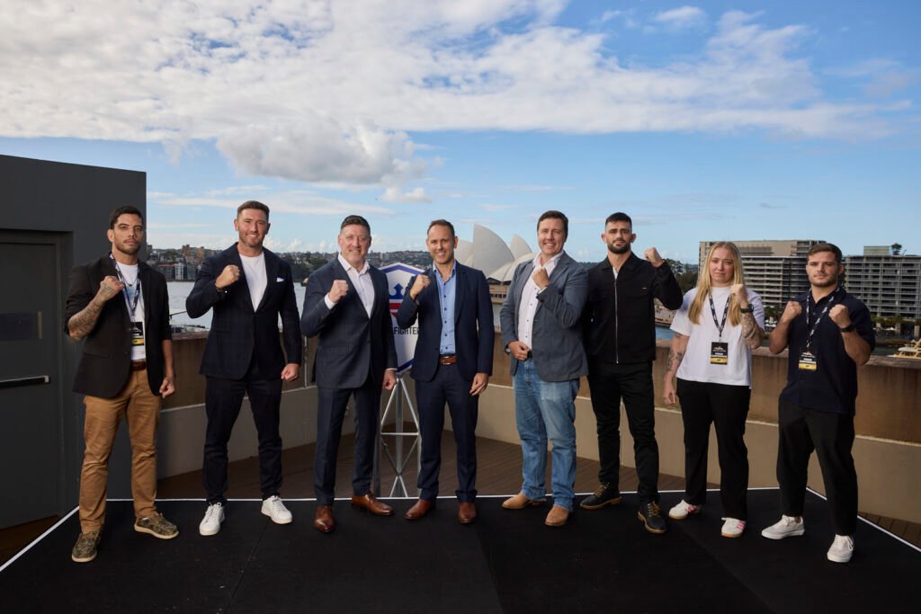 From L-R: PFL Fighter Raihere Dudes; James Frewin, PFL Managing Director, International; Pete Murray, PFL CEO; Dan Taylor, Acting Managing Director, Stan; Ben Kimber, Director of Sports, Stan; PFL Fighters Joseph Luciano, Sara Collins and Sean Gauci