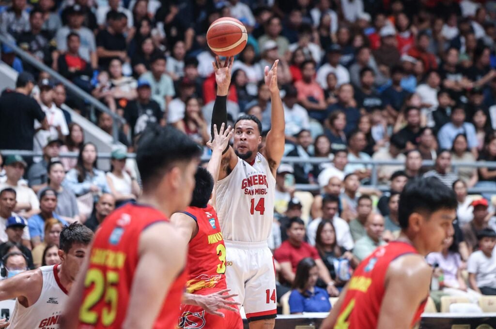 Stephen Holt fires off a shot in Ginebra’s matchup with Rain or Shine on June 15, 2025. [PBA Images]
