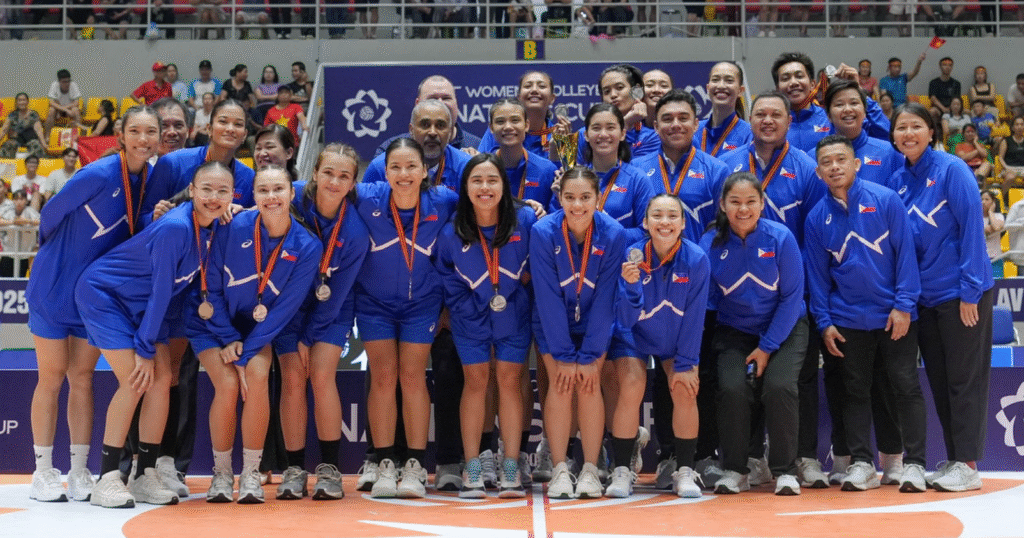 The Alas Pilipinas squad proudly displays their silver medals on the AVC Nations Cup podium [photo credit: AVC Women's Volleyball Nations Cup]