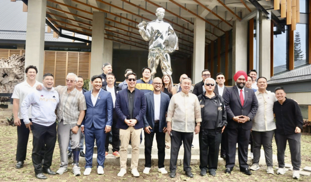 POC president Abraham “Bambol” Tolentino and ACC president Dato’ Amarjit Singh Gill along with POC executive board members and NSA heads and officials pose in front of the stainless steel 12-foot statue of National Hero Dr. Jose P. Rizal clad in fencing gear in front of the brand new Tagaytay City Hall.