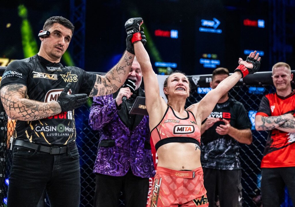 Monika "The Pitbull" Kučinič secures a dominant TKO victory over Sofiia Bagishvili at BRAVE CF 96.