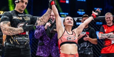Monika "The Pitbull" Kučinič secures a dominant TKO victory over Sofiia Bagishvili at BRAVE CF 96.