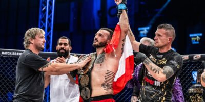Fakhreddine celebrates after reclaiming the Middleweight title at Brave CF 96