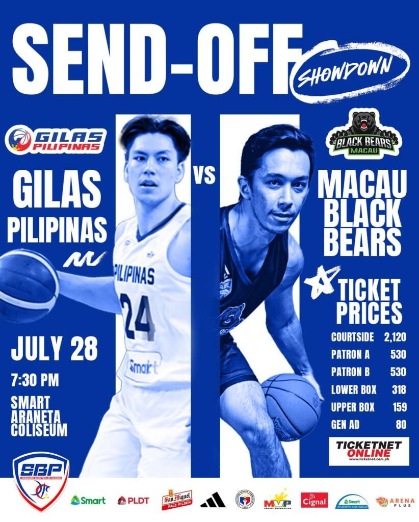 Support Gilas Pilipinas as they go up against the Macau Black Bears on July 28 at the Smart-Araneta Coliseum. This send-off game is your chance to see the team in action before they head to Saudi Arabia.