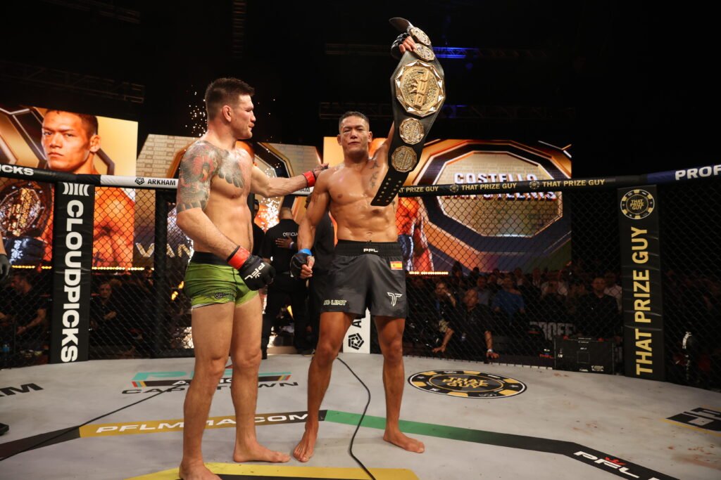 Costello Van Steenis celebrates after choking out Johnny Eblen at the buzzer to win the PFL Middleweight title.