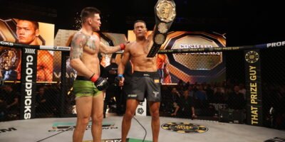 Costello Van Steenis celebrates after choking out Johnny Eblen at the buzzer to win the PFL Middleweight title.