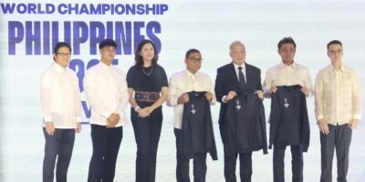 WILLIAM VINCENT “VINNY” ARANETA MARCOS (second from left) with (from left) Philippine National Volleyball Federation and Asian Volleyball Confederation president Ramon “Tats” Suzara, Senator Pia Cayetano, Rebisco Corp. president Geronimo Kamus Jr., Honda representative Hiroaki Nakamura, chief client officer of Dentsu Philippines and Senator Alan Peter Cayetano.