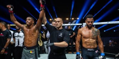 Patrick Habirora celebrates his knockout win over Danny Roberts at PFL Europe Brussels. [PFL photo]